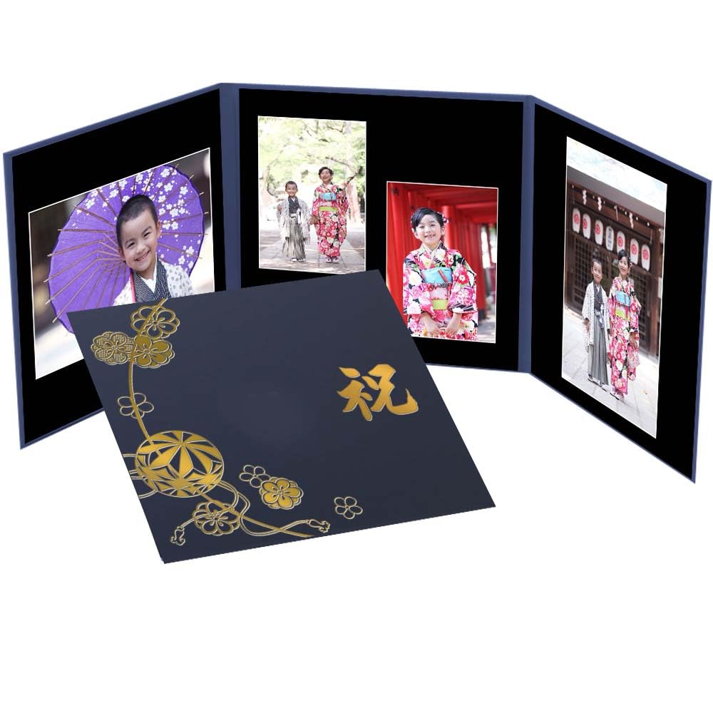 Amazon.co.jp: 写真台紙 3面2l【まり柄 紺「祝」ゴールド箔 中枠黒色